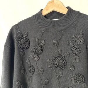 Vintage 90s Black 3D Knit Monochrome Floral Mockneck Sweater by Rafaella
